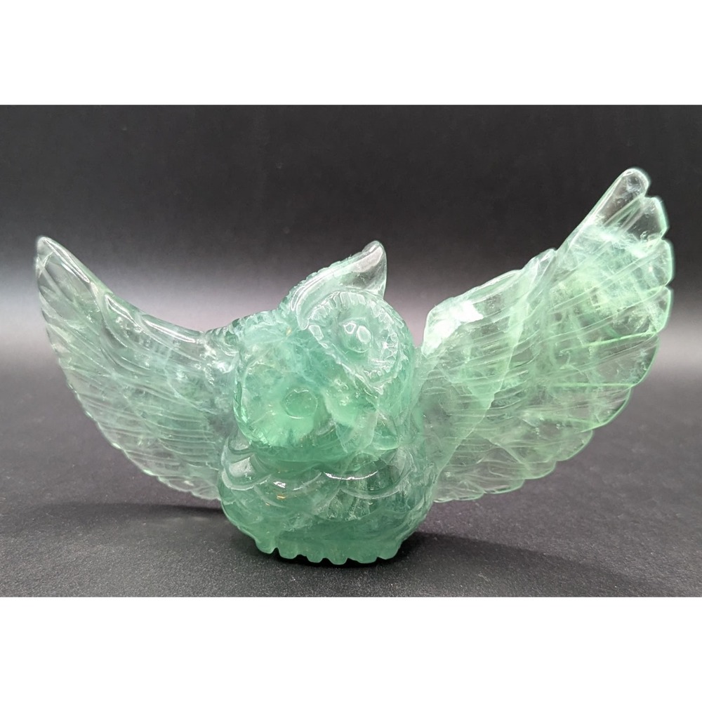 Hand Carved Fluorite Owl Green Wide Wing Span 5.75"